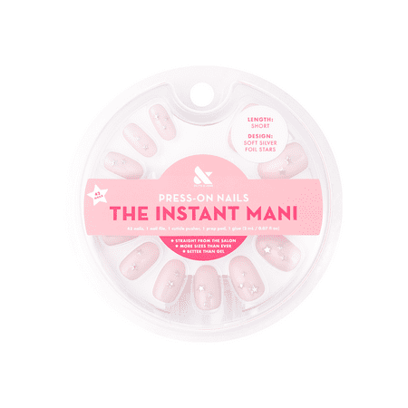 Olive & June Instant Mani Short Round Press-On Nails, Silver Foil Stars, 42 Pieces