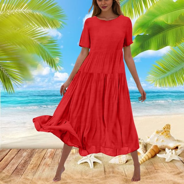 Gspmoly Robes pour Femmes, Robe Décontractée à Fleurs Unie à Manches Courtes et Col Ras du Cou pour Femmes, Robe Longue Fluide à Étages pour la Plage, Robes Formelles pour Femmes Offres du Jour
