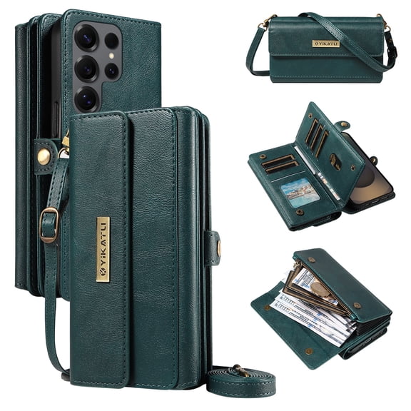 For Samsung Galaxy S24 Ultra Wallet Case with Card Slots / Zipper Purse,RFID Blocking Large Capacity PU Leather Phone Case Men Women's Wallets with Crossbody Strap for Travel Daily Carrying,Green