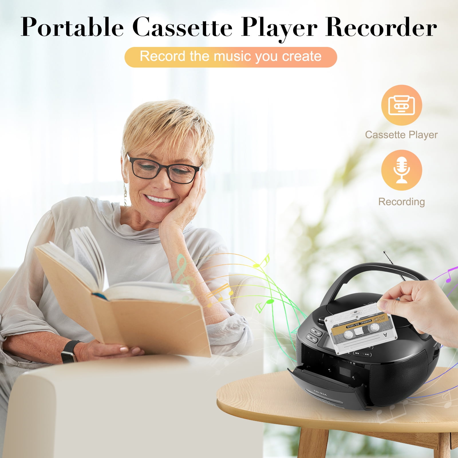 Boombox Cassette CD Player Combo with Bluetooth, AM/FM Radio for Home, Remote Control, Tape Recording, Stereo Sound.