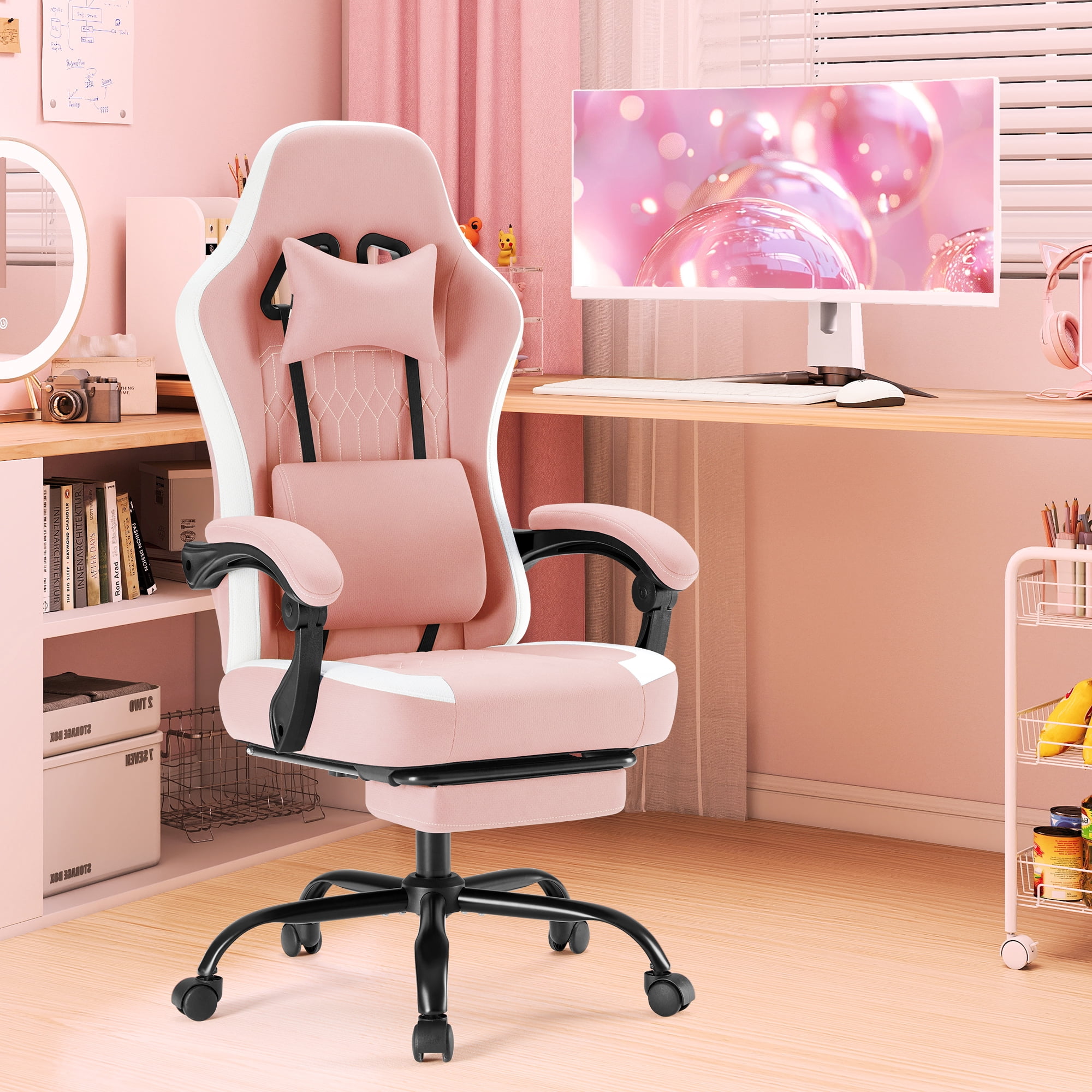 Gianna Ergonomic High‑Back Computer Gaming Chair with Footrest with Adjustable Height, Lumbar Support & Headrest, Pink