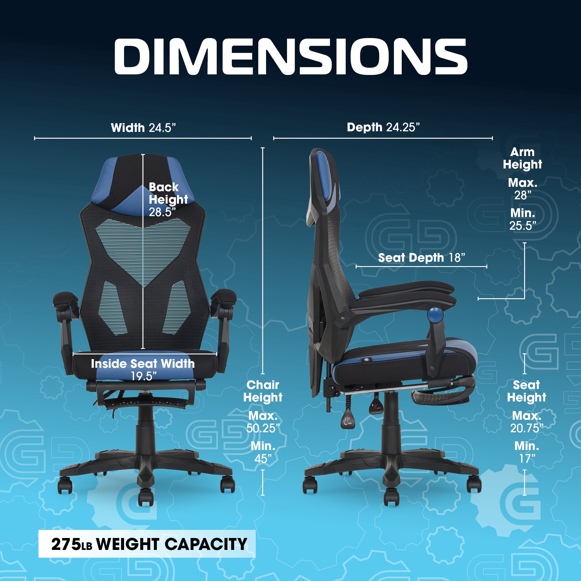 Gamer Gear Gaming Office Chair with Extendable Leg Rest, Blue/Black Fabric Upholstery