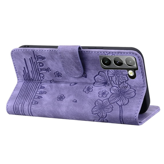 Compatible For Samsung Galaxy S22 Plus Flip Wallet with Wrist Strap Case,Luxury Cute Pattern Embossed PU Leather and Shockproof Flexible Stand Cover.For Samsung Galaxy S22 Plus,Purple