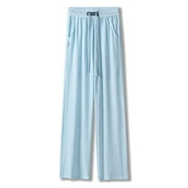 Defitshape Women's Wide Leg Trousers Palazzo Pants Casual Summer Lounge Soft Elastic Waist Casual Pants Light Blue 4-6