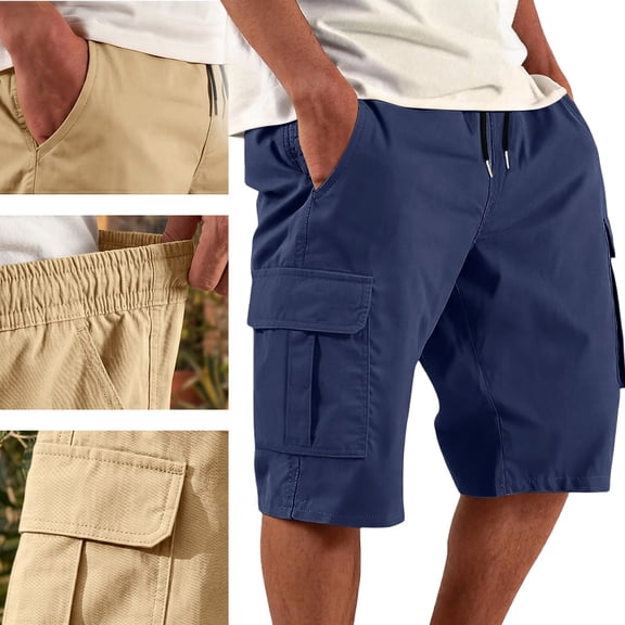 Homeyce Mens Cargo Shorts Elastic Waist Long Capri Below the Knee Shorts Multi-Pocket Knee Length 3/4 Pants Casual Hiking Relaxed Fit Hiking Short Pants,Blue M
