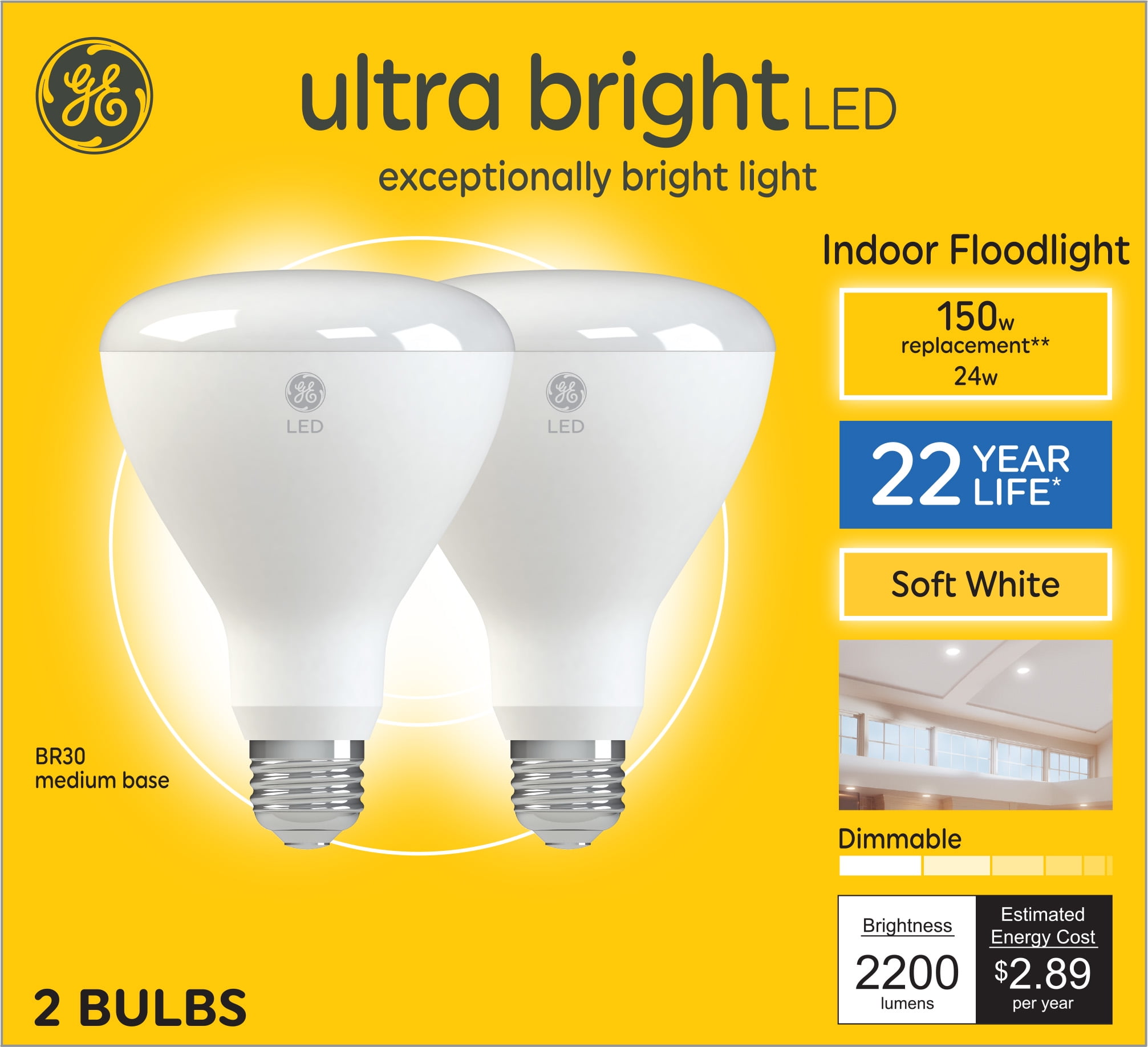 GE Ultra Bright Floodlight Bulbs, 150 Watt Soft White, BR30 Indoor Floodlights, 2pk - Walmart.com