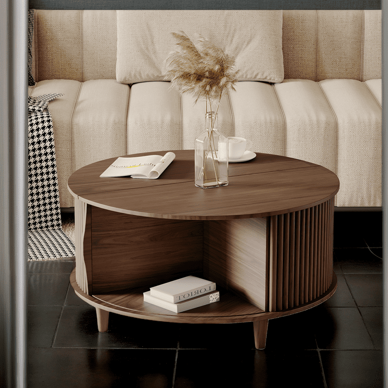JOINICE Round Coffee Table with Storage and Sliding Door,Mid