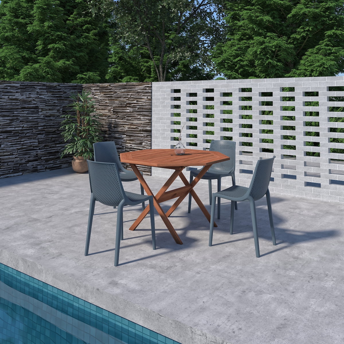 Amazonia Saralegui 5-Piece Solid Wood 100% FSC Octogonal Patio Dining Set, Gray Chairs, Seating Capacity: 4
