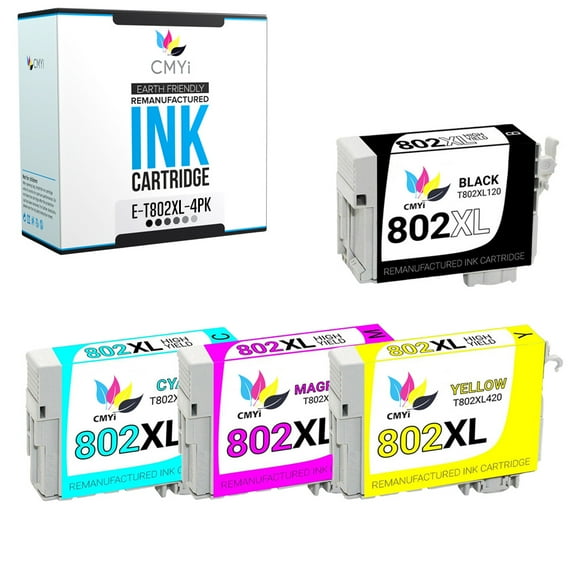 CMYi 802XL Combo Pack of 4 Ink Cartridges compatible for Epson 802XL - WorkForce Pro EC-4020, EC-4030, EC-4040, WF-4720, WF-4730, WF-4734, WF-4740, WF-4740DWF (1 Black, 1 Cyan, 1 Magenta, 1 Yellow)