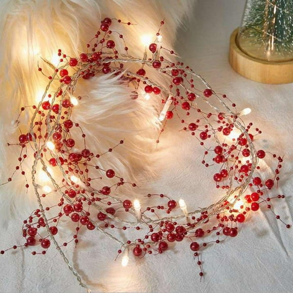 6.6FT Christmas Berry Beaded Garland with 20LED String Lights, Christmas Garland for Fireplace Mantel Decoration, Warm White