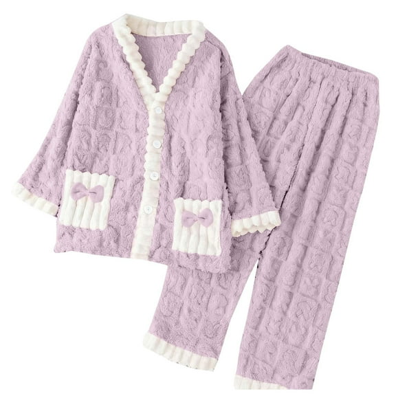 HAiming Women Fuzzy Fleece 2 Piece Pajama Set Long Sleeve V Neck Button down Soft Comfy Sleepwear with Pockets
