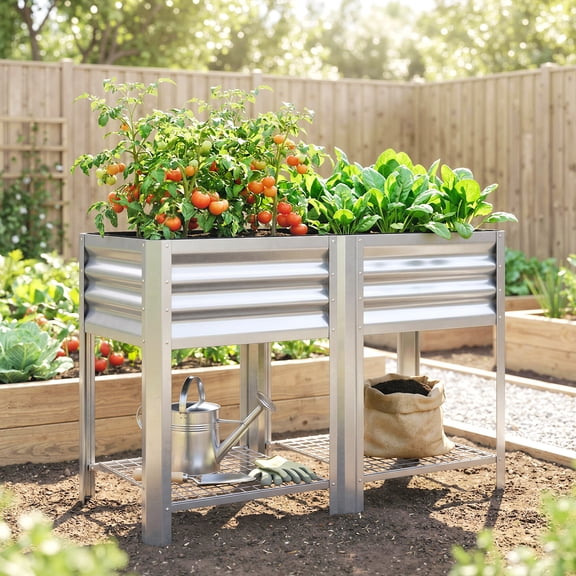Outsunny Raised Garden Bed Galvanized Steel, Elevated Planter Box with Storage Shelf, Bed Liner, Silver