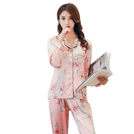 

Dasbsug Women Faux Silk Pajamas Long Sleeve V-Neck Buttons Top Pants Floral Loungewear