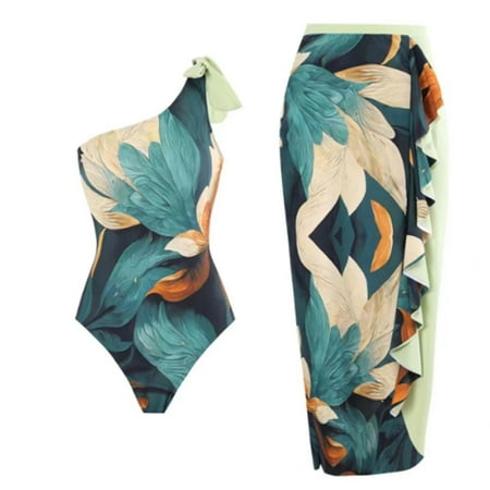 BLTIBY Two Piece Bathing Suits for Women Tummy Control One Shoulder Swimsuit Beach Coverup Maxi Wrap Skirts High Waisted Bikini Set Green S
