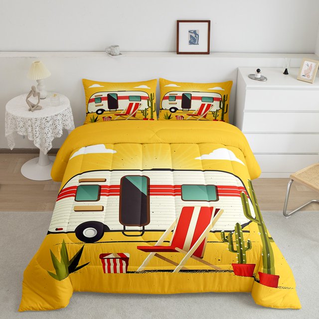 Erosebridal Happy Camping Bedding Toddler Comforter Set, RV Camper Down Comforter, Cartoon Camp Decor, Reversible 2 Pieces
