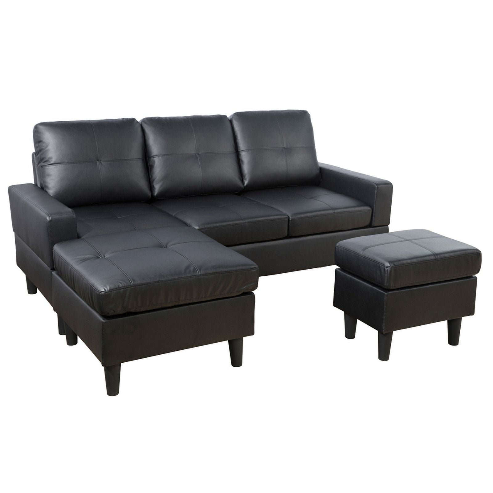 PonLiving Convertible Living Room Sectional Sofa with Reversible Chaise & Ottoman Black PU Leather