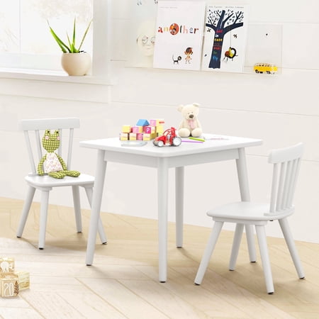 Curipeer Windsor Rubberwood Kids Table and 2 Chairs Set with Non-Slip Legs Round Edge Design for Play White