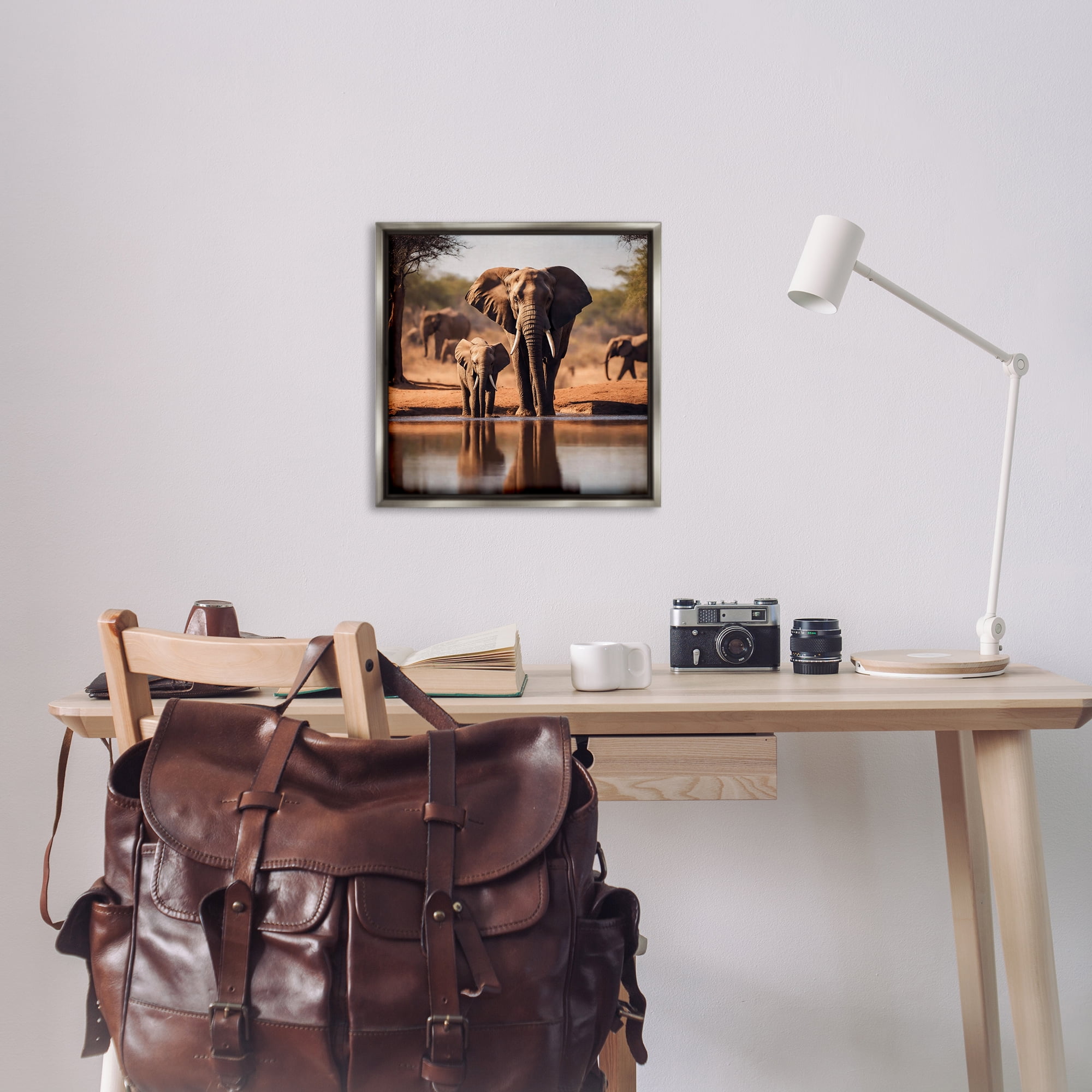 Stupell Industries Elephant & Calf at Waterhole Animals Photography Gray Floater Framed Canvas Art Print Wall Art, 25 x 25