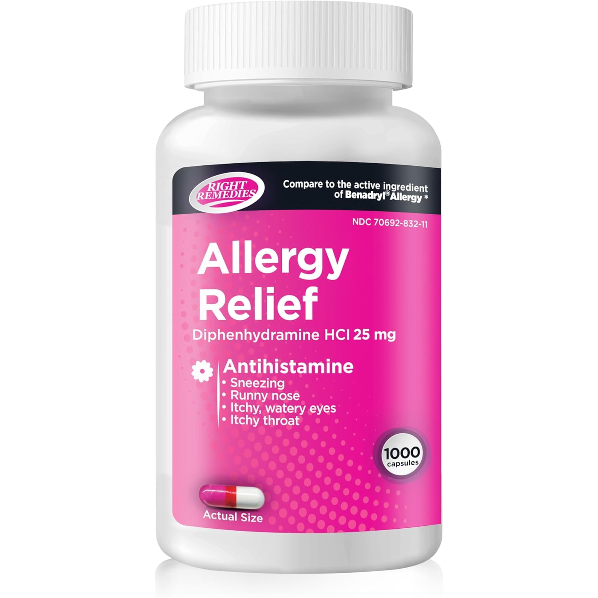 Allergy Relief, Antihistamine, Diphenhydramine HCL 25mg, Relieves Seasonal Indoor or Outdoor Allergies, Runny Nose, Sneezing Allergy Relief (1000 Capsules)