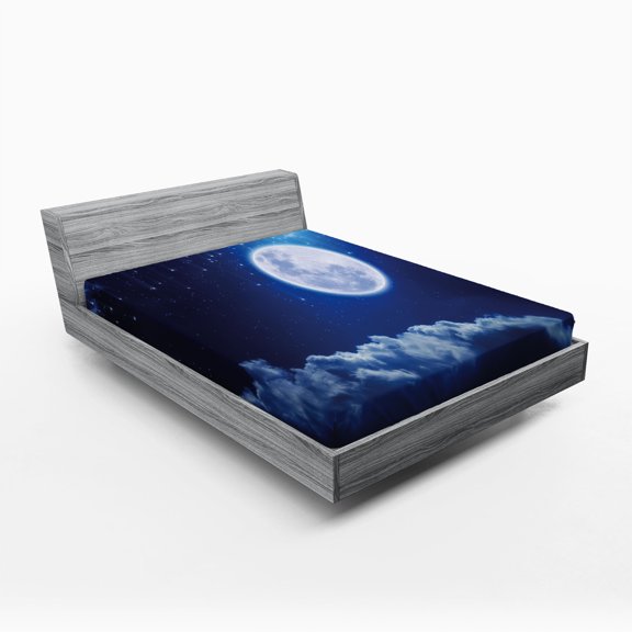 Ambesonne Moon Fitted Sheet, Full Moon Falling Stars, King Size, Indigo Blue White