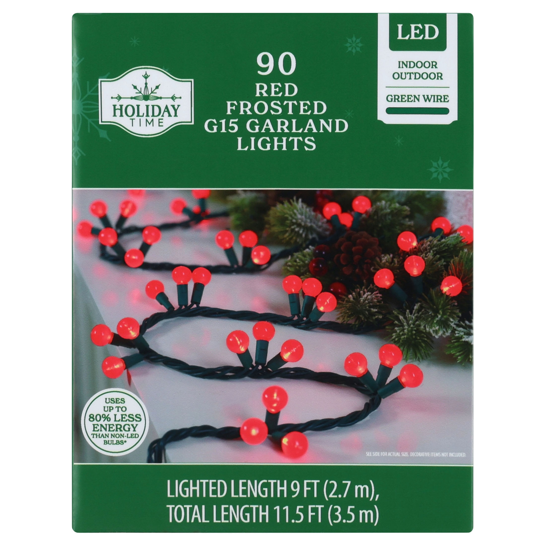 Indoor/Outdoor 90-Count LED G15 Globe Christmas Garland Lights, Frosted Red, Green Wire, 9', by Holiday Time
