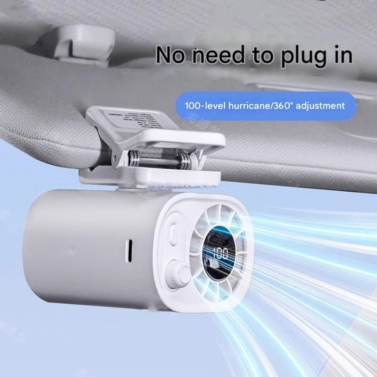 Car Clip-On Fan with LED Display  360° Rotating, 100-Speed Adjustable USB Rechargeable Fan for Car, Umbrella, or Desk, Portable Personal Cooling for Travel, Office, and Outdoor Use