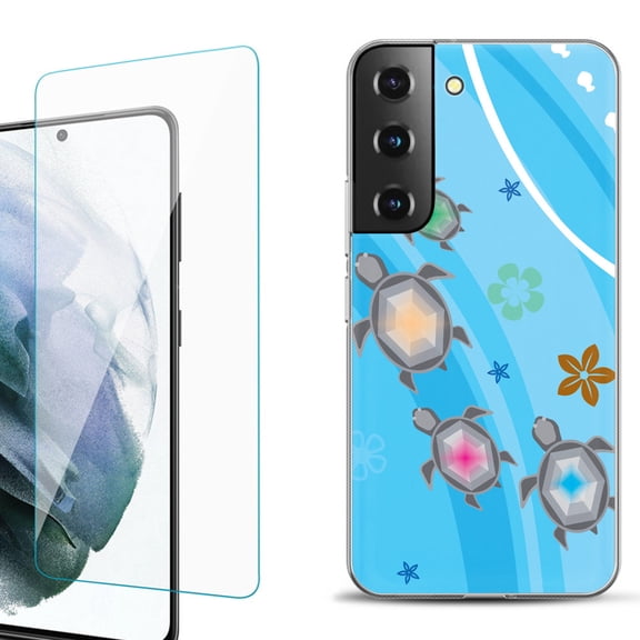 Slim-Fit Fashion Gel Phone Case for Samsung Galaxy S22  5G / S22 Plus 5G, with Tempered Glass Screen Protector, by OneToughShield ® - Happy Turtle