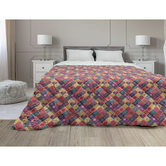 Mandala Down Alternative Comforter, Abstract Flora Pattern Medieval Mosaic Tile Design, Microfiber Quilt for All Season, 5 Sizes, Pale Coffee Pale Blue, by Ambesonne