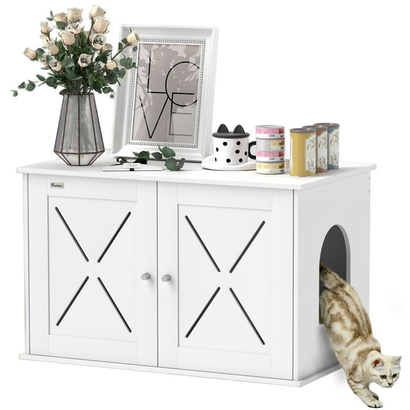 PawHut Cat Litter Box Enclosure, Hidden Cat Litter Box Furniture, White