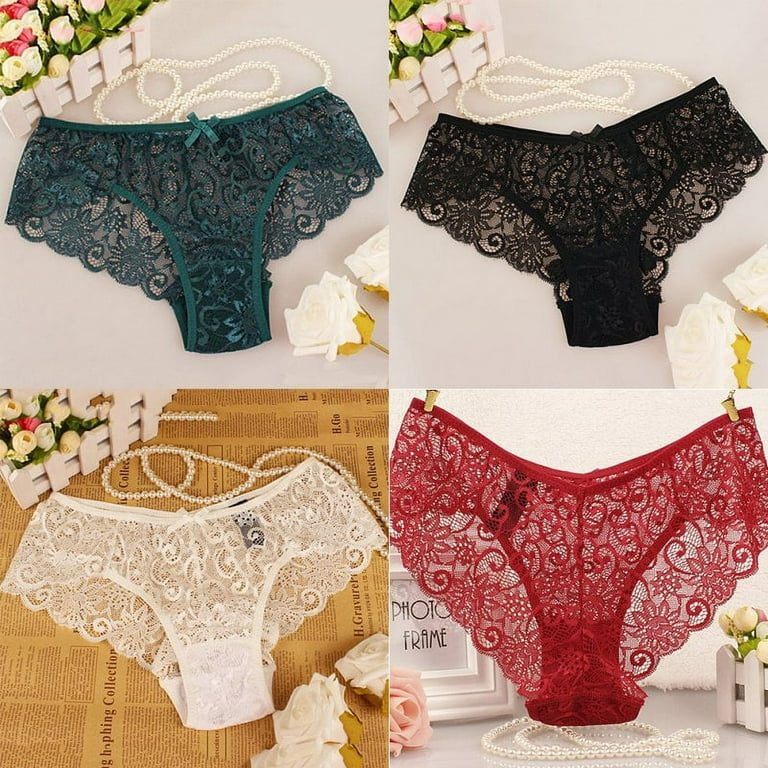 Women's Sexy Full Lace Panties S-XL 5Colors High-Crotch Transparent Floral  Bow Soft Briefs Underwear Culotte Femme Red M