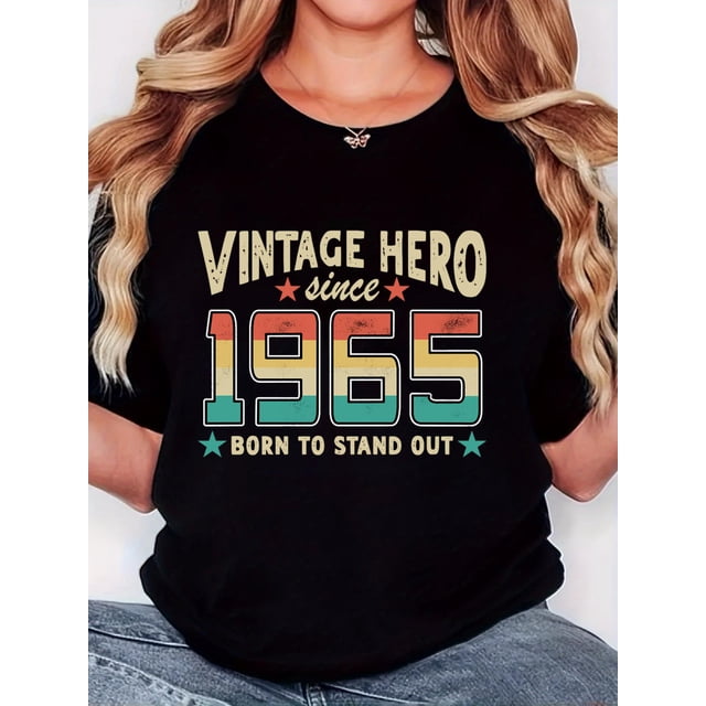 Women'S T-Shirt, "Colorful 1965 Stars" Print, Retro Minimalist Fashion, Round Neck, Casual Comfort, Sports Short Sleeve T-Shirt