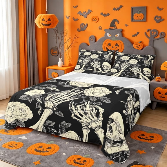 Homewish Dark Halloween Skeleton Bed Sheets,Vintage Rose Pattern Full Size Sheets,Black Cream,4pcs,1 Flat Sheet,1 Fitted Sheet and 2 Pillowcases