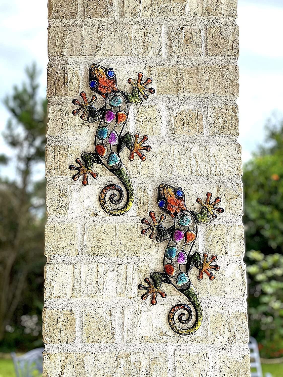 S/2 Lizard Gecko Decor Colorful Metal Home Garden Fence Yard Wall Art Sculptures Indoor Outdoor 12"