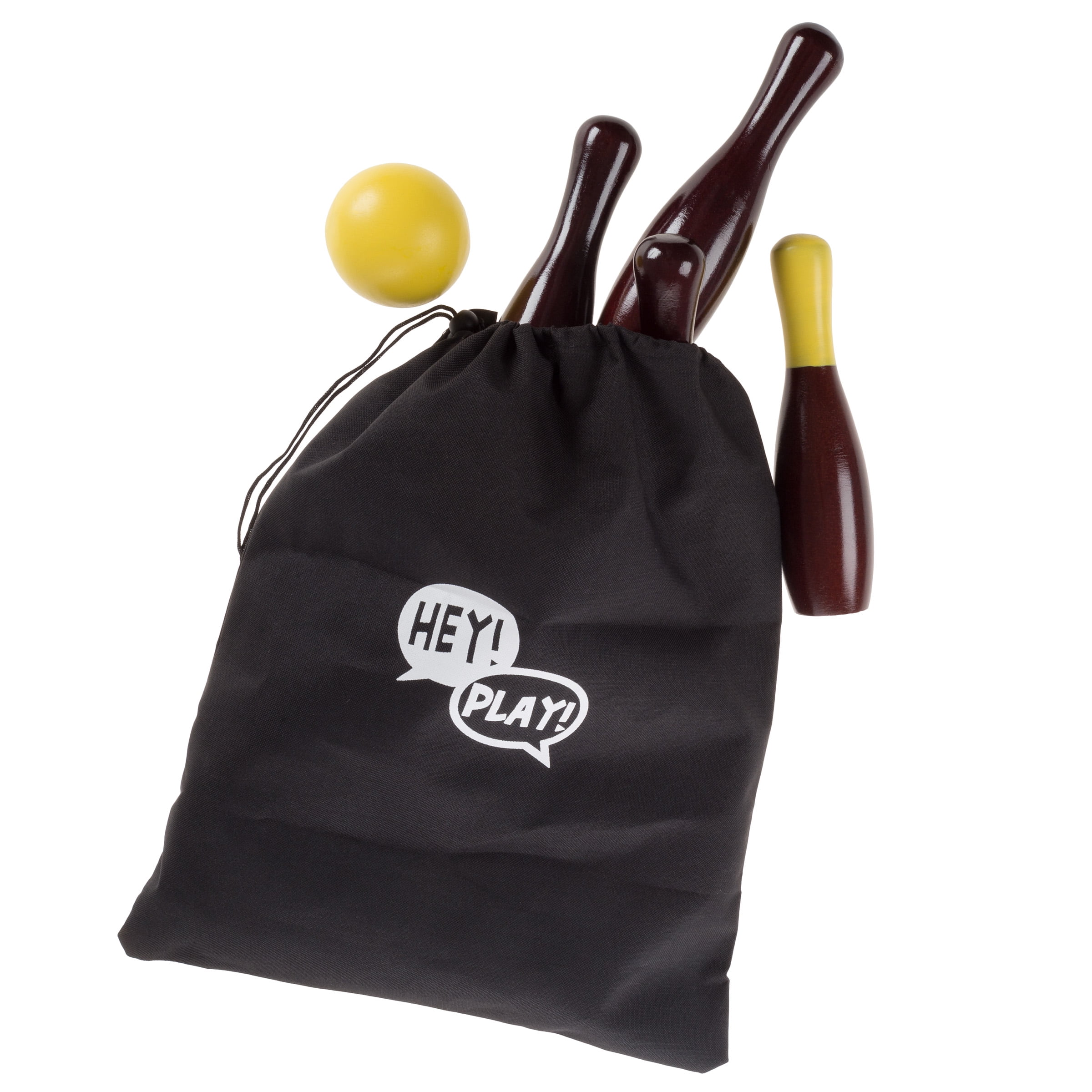 Lawn Bowling Game-English Skittles Set-Indoor Outdoor Fun for Toddlers, Kids, Adults Â–10 Wooden Pins, 3 Balls, and Mesh Bag by Hey! Play! (9 Inch)
