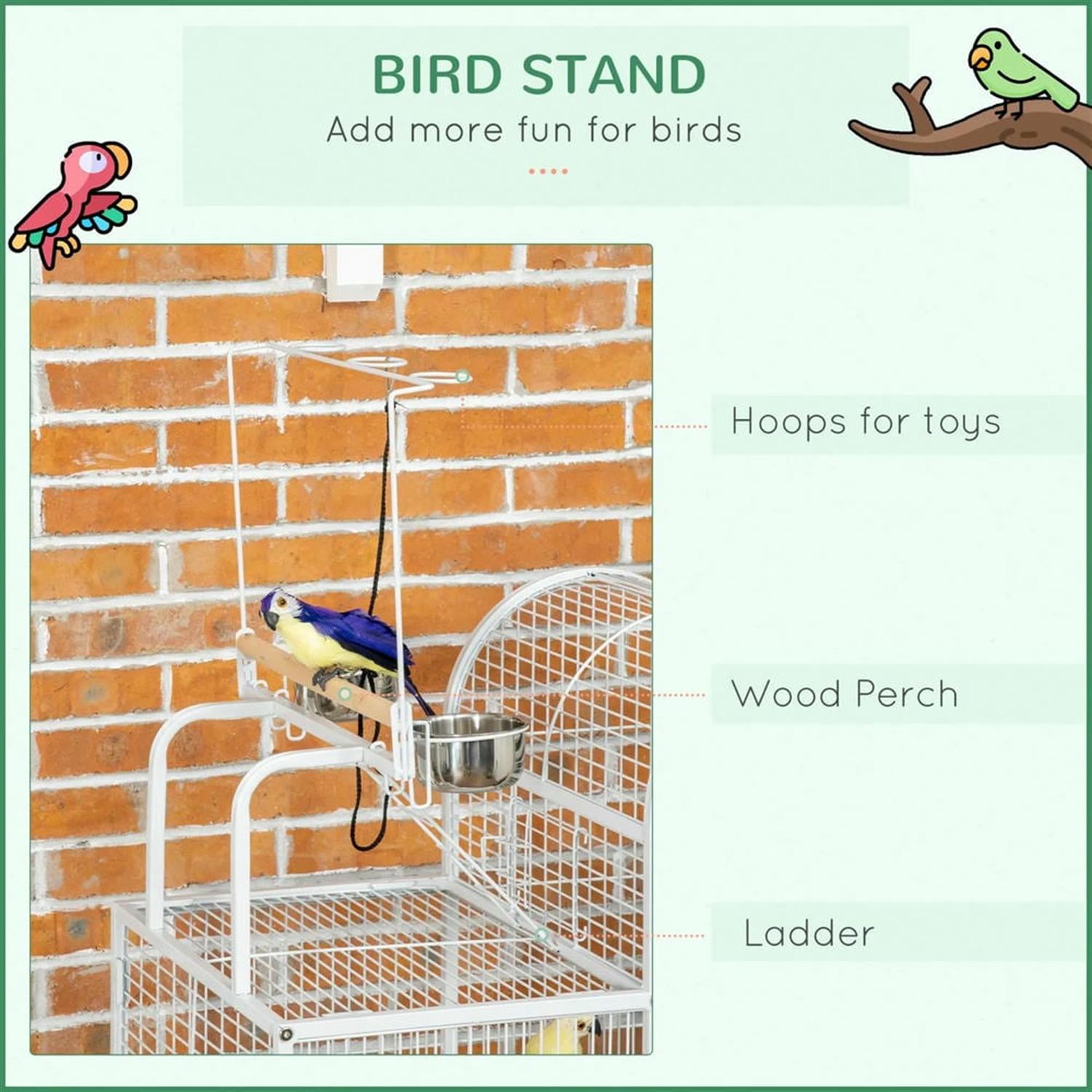 Kadyn 64" Height Large Flight Cage, Bird Cage with Rolling Stand, Hooks Above, Perch, Tray, Food Cups for Parrots Conures Lovebird Cockatiel Parakeets, White