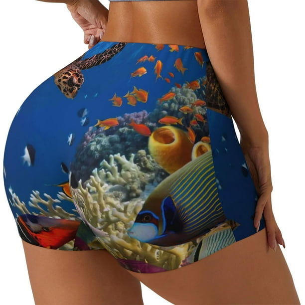 Fotbe Colorful Coral Reef Shorts Sin Costuras – Shorts Deportivos de Cintura Alta para Mujer, Elásticos para Gimnasio, Yoga, Running o Ciclismo-Large