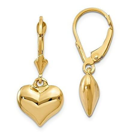 - 14K Yellow Gold Puffed Heart Dangle Lever back Earrings