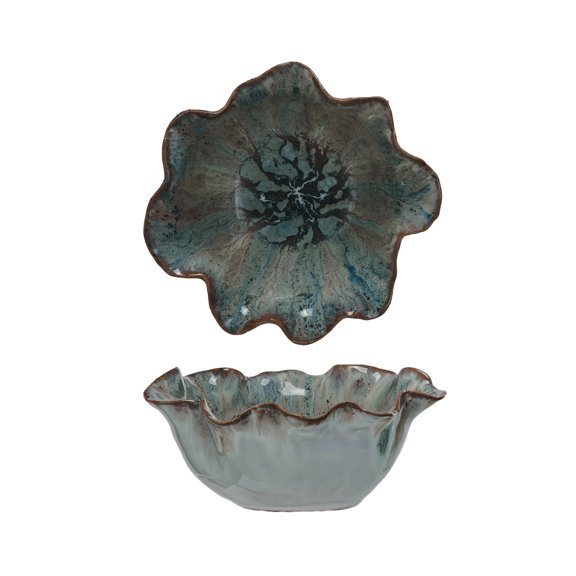 Creative Co-Op Round Bowl with Speckled Design and Scalloped Edge, Blue and White