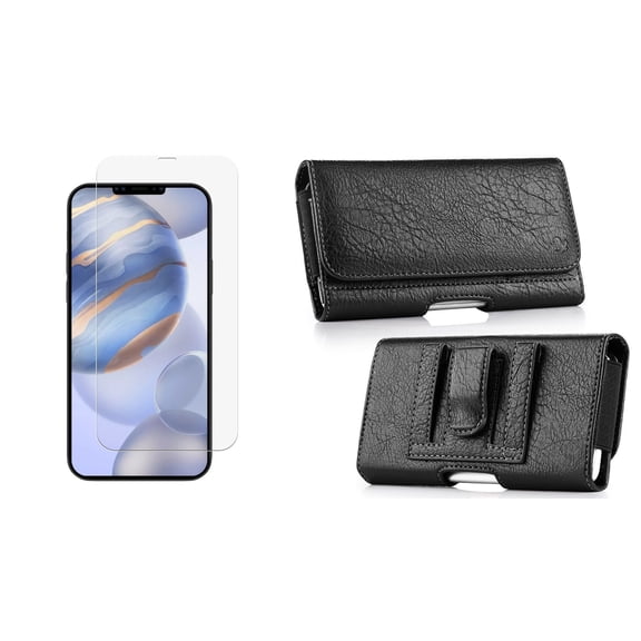 Bemz Holster Bundle for Apple iPhone 12: PU Leather Phone Carrying Belt Holster Pouch Case (Cards Slot/Coins Holder) with Tempered Glass Screen Protector - Black