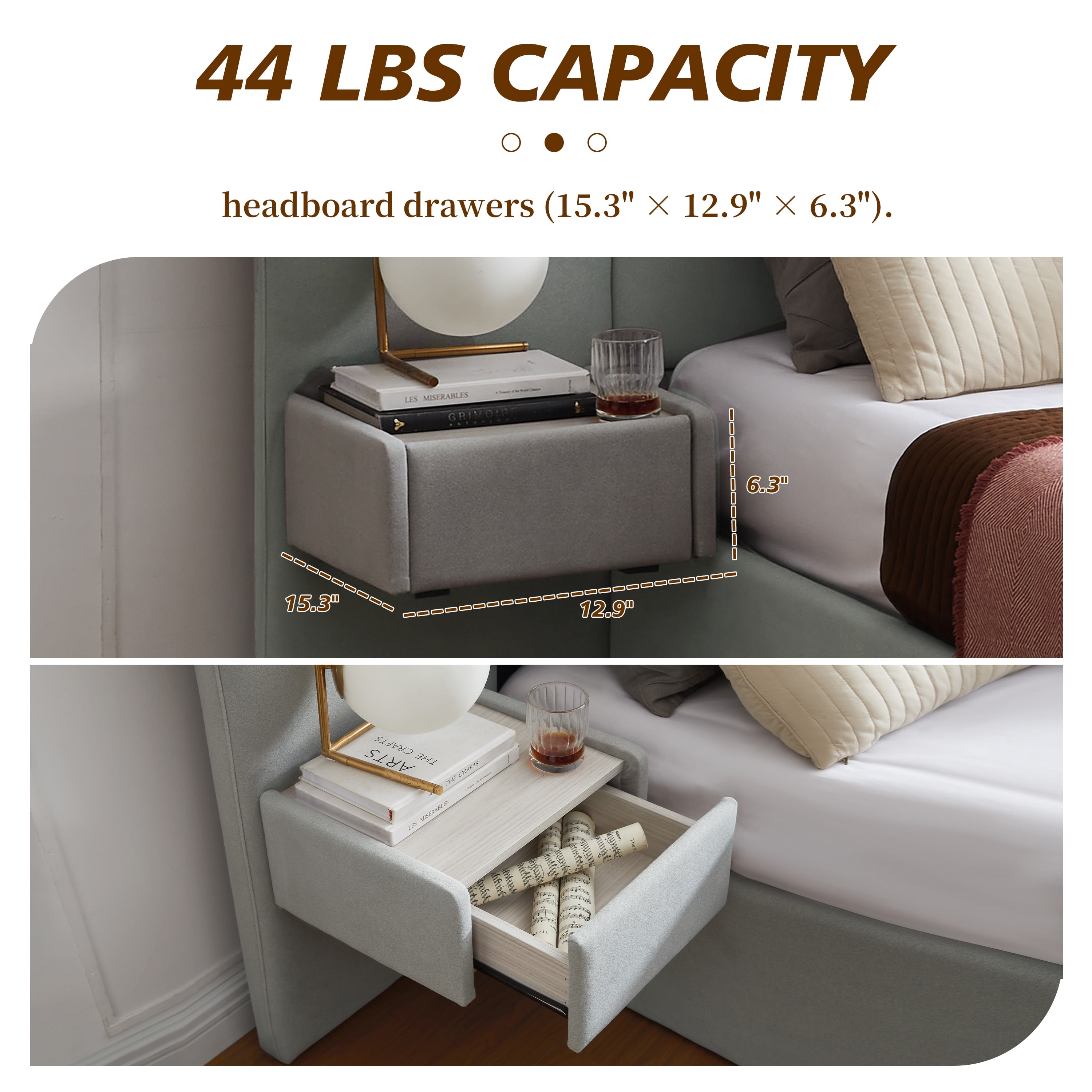 Upholstered Lift Storage Bed Frame with Velvet Headboard, 2 Drawers & 9.6" Under-Bed Storage, Queen Sizes in Light Grey, No Box Spring Needed, Ergonomic Design for Ultimate Comfort