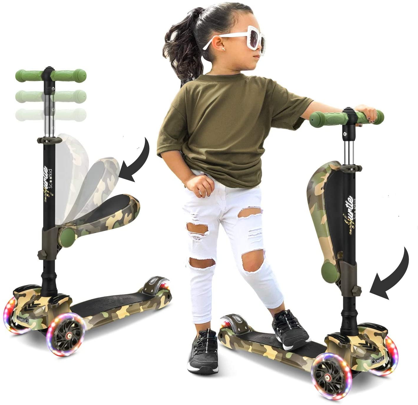 Kids Kick Push Scooter LED Light Up 3 Wheels Folding Adjustable With Seat 3-12yr 