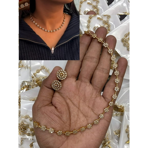 South Indian Bollywood Gold Plated AD CZ Full White Stone Flower Pattern Matte Finish Brass Necklace Set with Matching Earrings – Traditional Bridal & Party Wear Jewelry