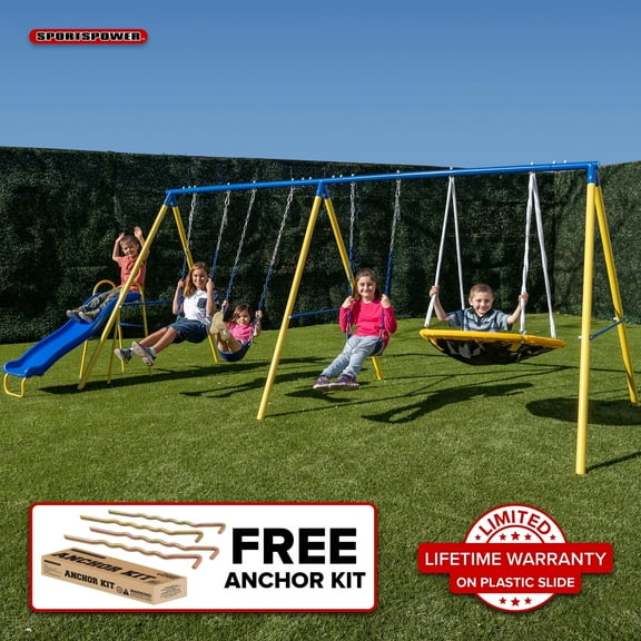 Sportspower Triple Swing & Saucer Outdoor Playset, 3 Sling Swings, Saucer Swing, 5 ft Slide, Anchor Kit, Ages 3–8, 7.55 x 17.06 x 6.07 FT