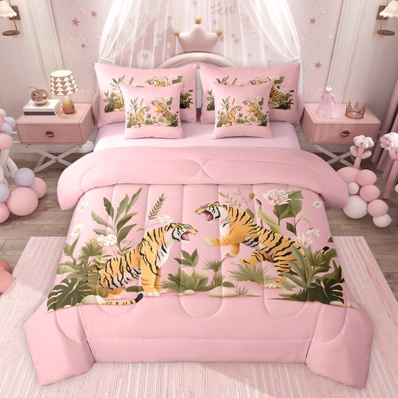 Feelyou Cartoon Tiger Wildlife Twin Bedding Sets 7-Piece, Palm Leaf Botanical Bedding Comforter Set, Teens Kids Boys Girls Reversible Sheet Sets, Breathable Home Decor