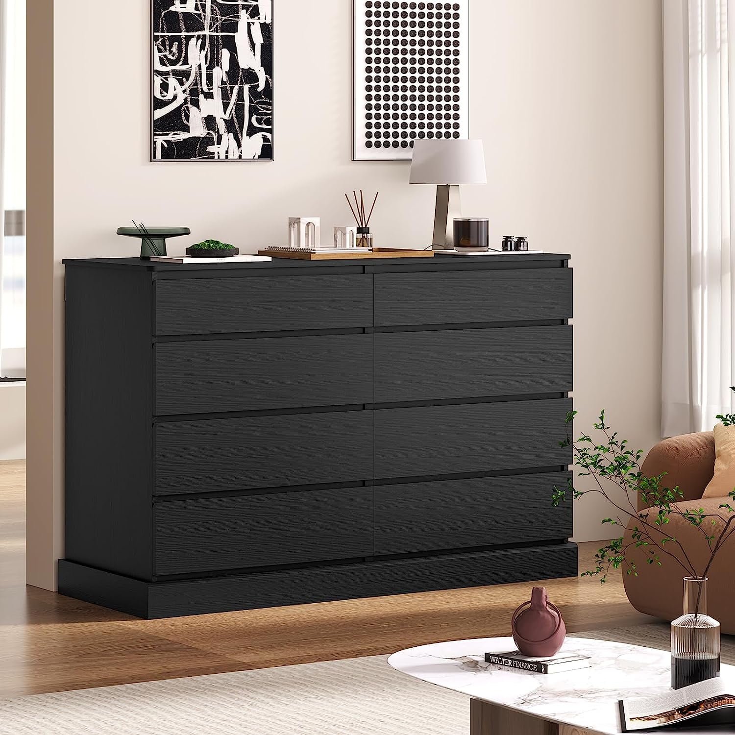 8 Drawers Double Dresser Wooden Black Chest of Drawers for Bedroom, Large Storage Cabinet for Home Living Room