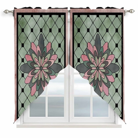 Swag Valance Curtains for Windows, Farmhouse Flowers Light Filtering Kitchen Curtains with Rod Pocket, Ethnic Retro Abstract Pattern Lattice Window Treatment Valances for Living Room, 28x36 - 2 PCS