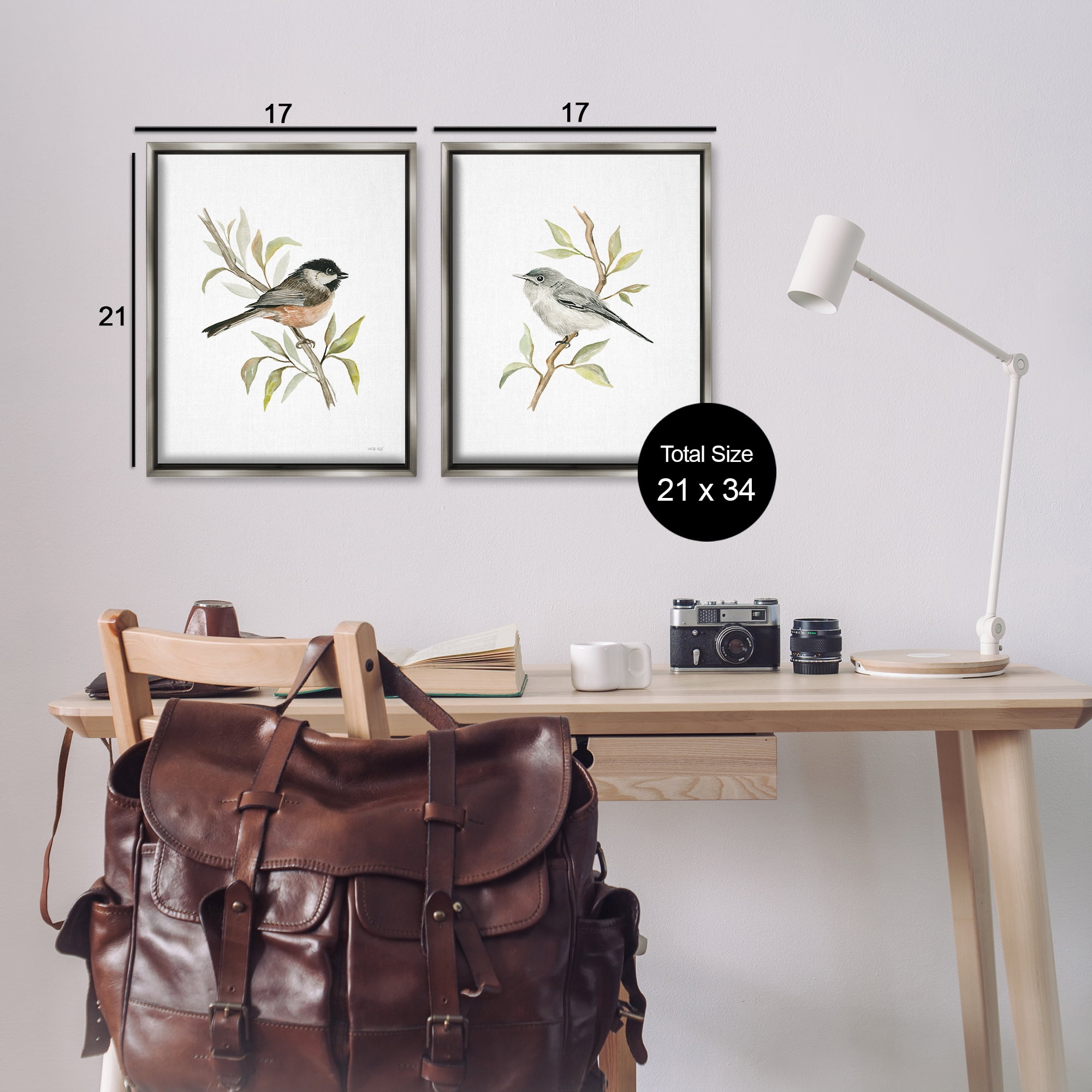 Stupell Industries Small Birds on Branches Animals Painting Gray Floater Framed Canvas Art Print Wall Art, 17 x 21, Set of 2