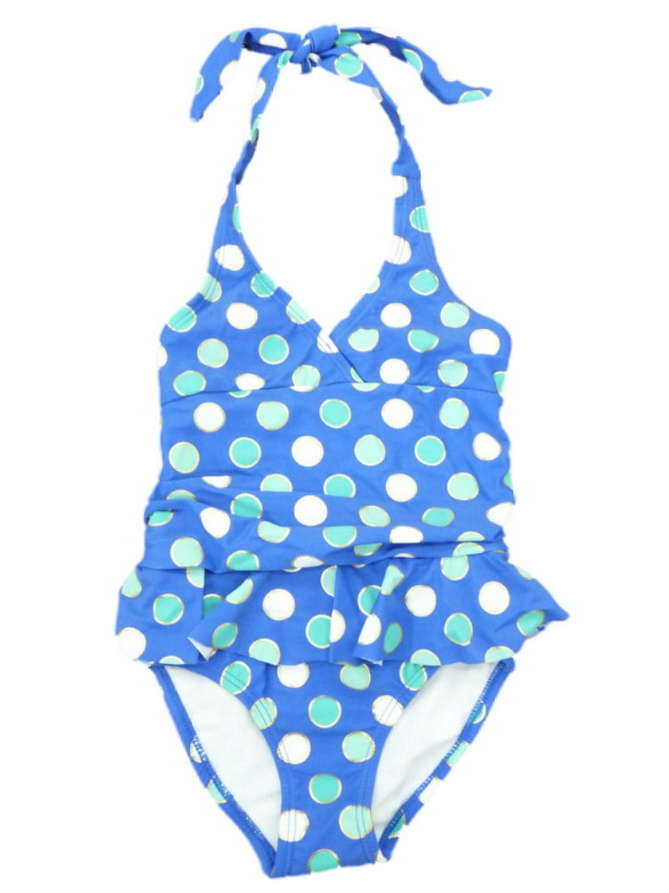blue and white polka dot bathing suit