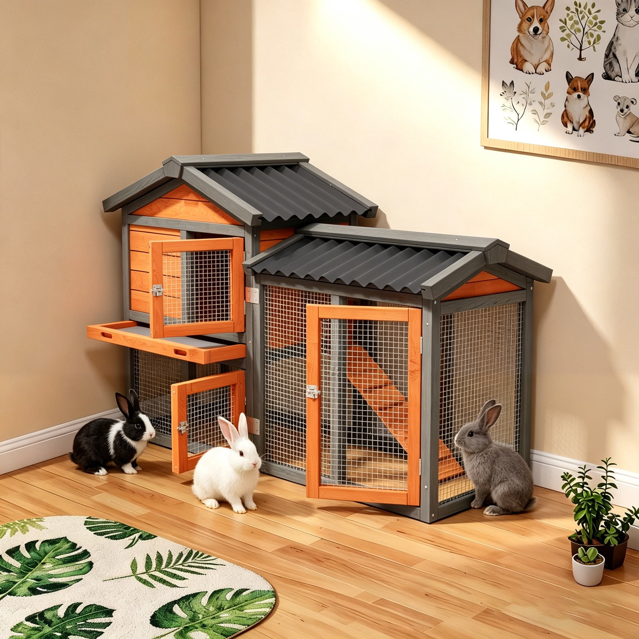 Outdoor Wooden Rabbit Hutch with Run ,Weatherproof Bunny Cage with Predator resistant Wire Mesh,Orange with Black