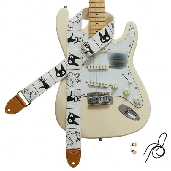 MUSIC FIRST Original Design, 2 inch width (5cm), Cute Comic Cat Soft Cotton Canvas & Genuine Leather Electric Guitar Strap